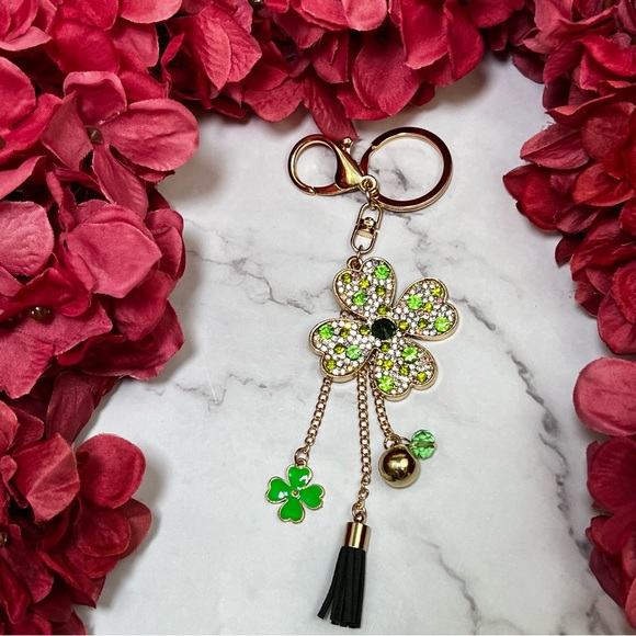 Green & Silver Crystal Four Leaf Clover Keychain with Tassel Charms - Picture 9 of 16